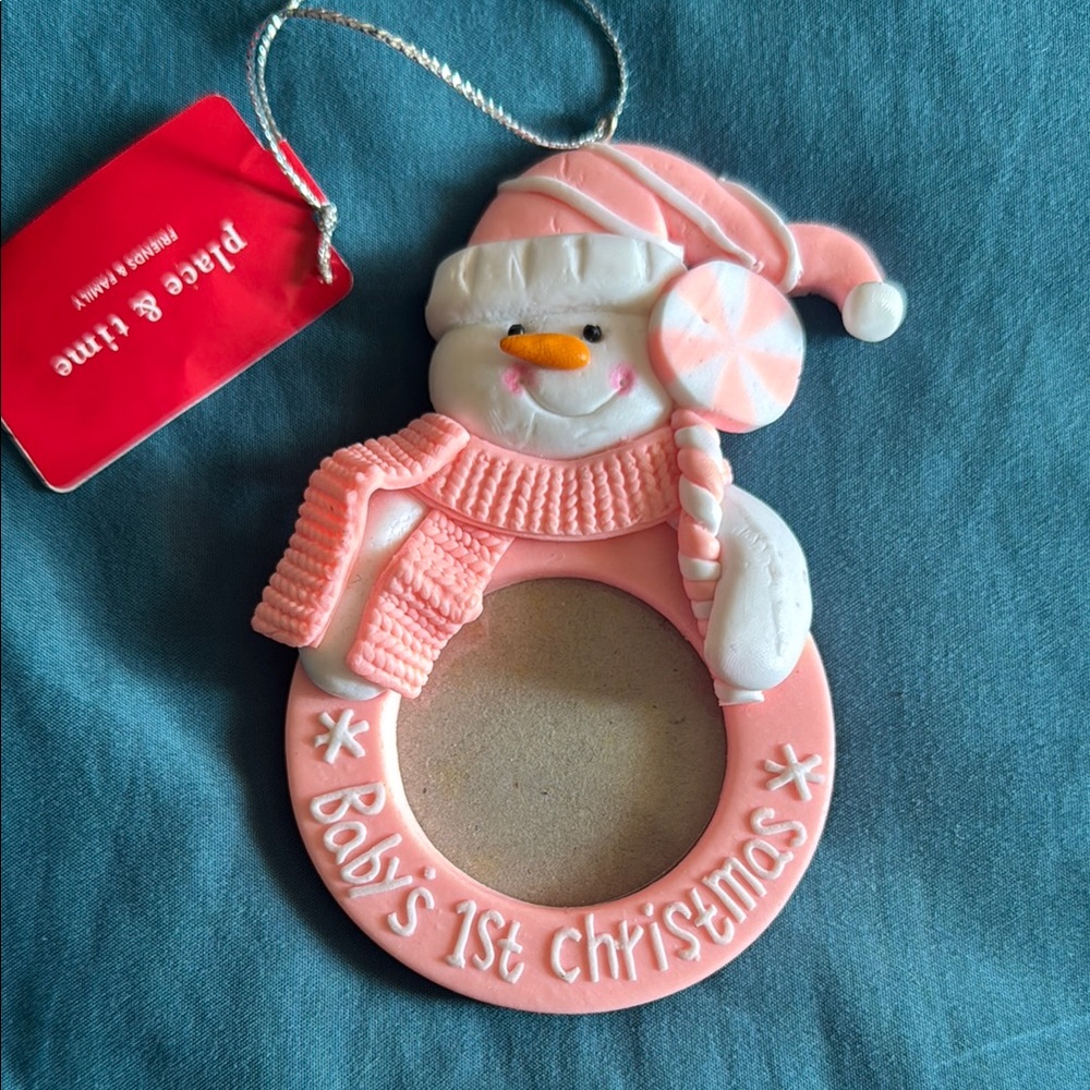 Pink and White Snowman Ornament with Winter Accessories